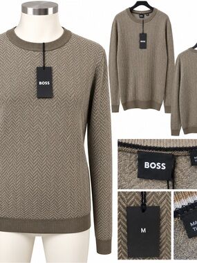 BOSS Men's Taupe Herringbone Crewneck Sweater